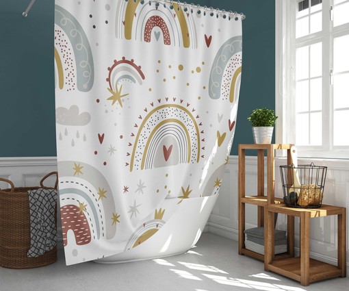 Dreamy Rainbow Sky Shower Curtain | Nordic Clouds Stars Print | Kids Bathroom Decor