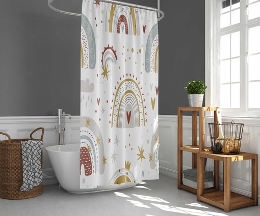 Dreamy Rainbow Sky Shower Curtain | Nordic Clouds Stars Print | Kids Bathroom Decor - Image 2