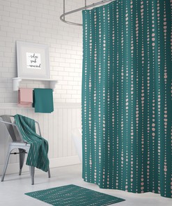 Dusty Pink and Dark Teal Shower Curtain with Green Bath Set, Create a Serene Atmosphere in Your Bathroom