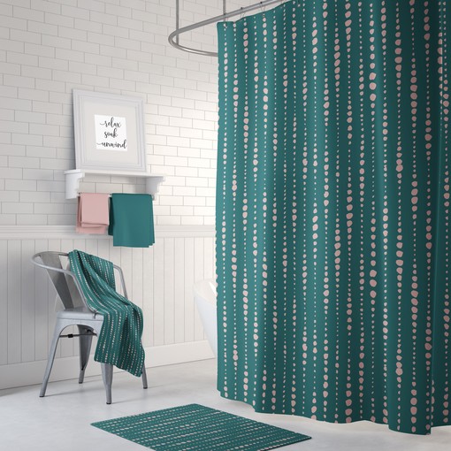 Dusty Pink and Dark Teal Shower Curtain with Green Bath Set, Create a Serene Atmosphere in Your Bathroom