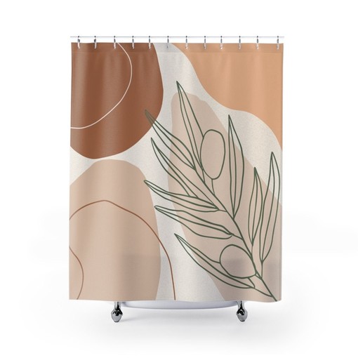 Earthy Abstract Botanical Shower Curtain, Modern Bathroom Design, New Home Gift