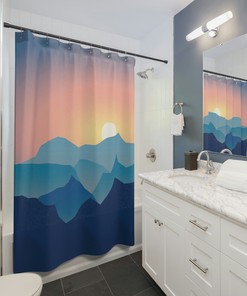 Earthy Nature Lover Shower Curtain with Mountains Sunset Boho Print
