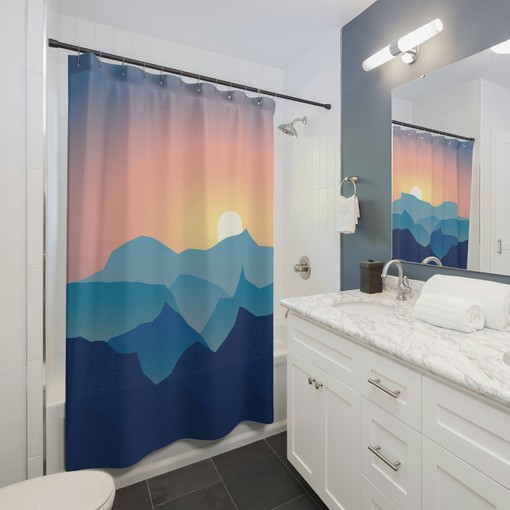 Earthy Nature Lover Shower Curtain with Mountains Sunset Boho Print
