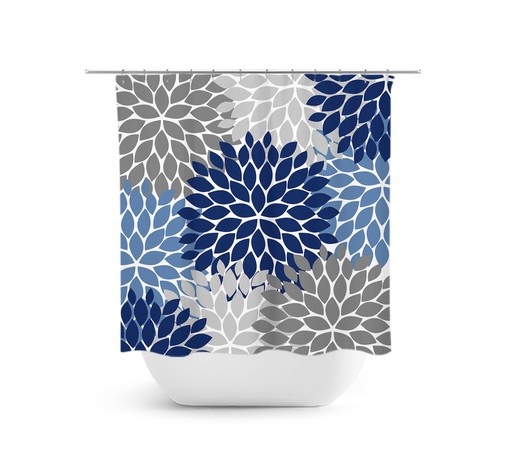 Elegant Blue Floral Shower Curtain | Gray Details Fabric Bath Decor for Girls Bathroom
