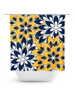 Elegant Blue Gold Flower Burst Shower Curtain | Navy Blue Shower Curtain Art for Yellow Floral Bathroom