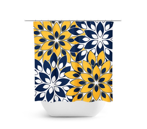 Elegant Blue Gold Flower Burst Shower Curtain | Navy Blue Shower Curtain Art for Yellow Floral Bathroom