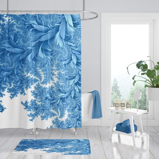 Elegant Blue Shower Curtain with Draping Leaves and White Bath Accessories for Classic Bathroom Decor