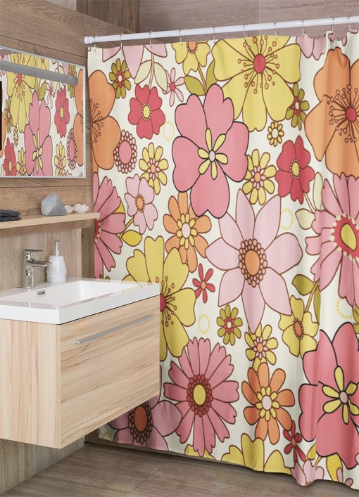 Elegant Floral Inspired Shower Curtain, Boho 60's 70's Hippie Bathroom Accessory, Vintage Curtain