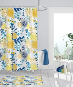 Elegant French Country Yellow and Blue Floral Shower Curtain Set - Matching Mat for Classic Bathroom Decor