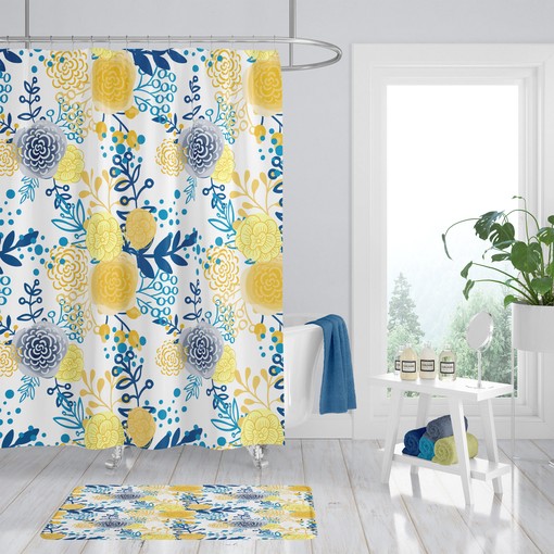 Elegant French Country Yellow and Blue Floral Shower Curtain Set - Matching Mat for Classic Bathroom Decor