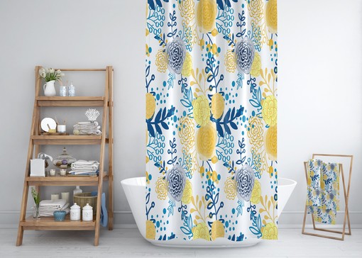 Elegant French Country Yellow and Blue Floral Shower Curtain Set - Matching Mat for Classic Bathroom Decor - Image 3