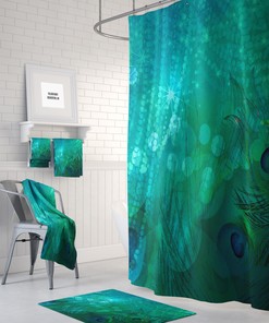 Elegant Teal Peacock Shower Curtain Set - Unique Bathroom Decor with Customizable Accessories