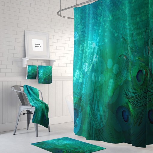 Elegant Teal Peacock Shower Curtain Set - Unique Bathroom Decor with Customizable Accessories
