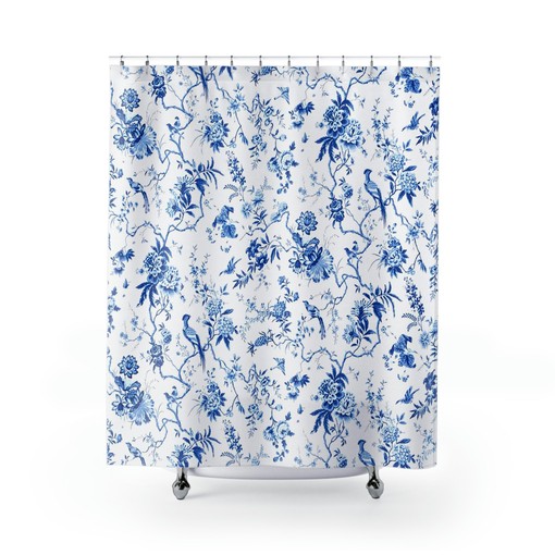 Elegant Toile Shower Curtain | Blue and White Chinoiserie Bathroom Decor | Timeless Tub Curtain | Luxury Shower Curtains - Image 2