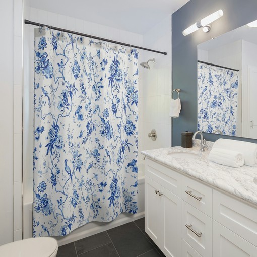 Elegant Toile Shower Curtain | Blue and White Chinoiserie Bathroom Decor | Timeless Tub Curtain | Luxury Shower Curtains - Image 3