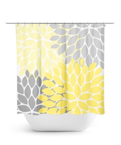 Elegant Yellow Gray Watercolor Floral Shower Curtain | Fabric Bath Curtain for Yellow Bathroom Decor