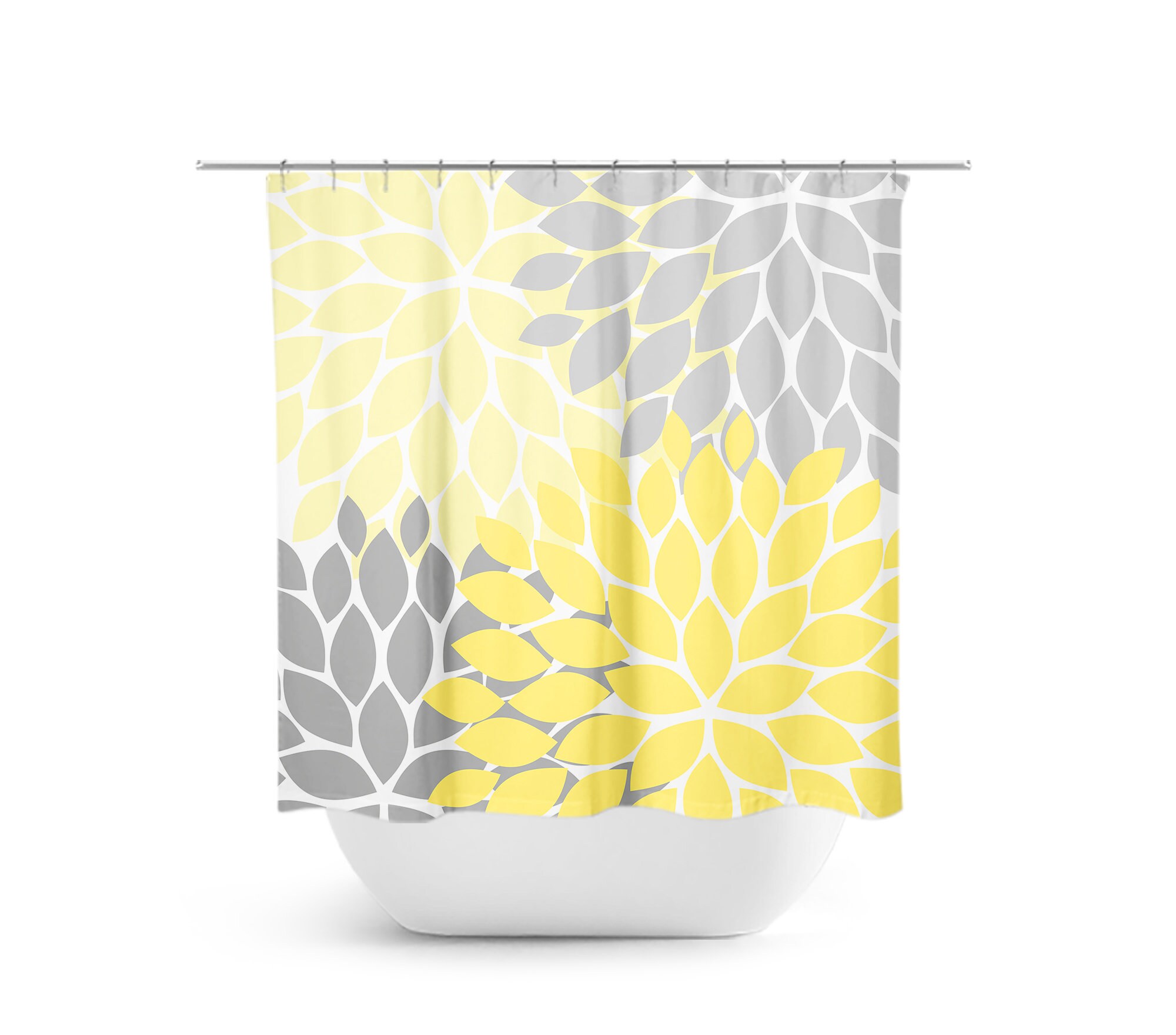 Elegant Yellow Gray Watercolor Floral Shower Curtain | Fabric Bath Curtain for Yellow Bathroom Decor