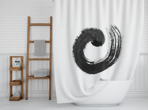 Enso Zen Circle Shower Curtain / Japanese Brushstroke Bath Curtain / Black on White Boho Eclectic Design