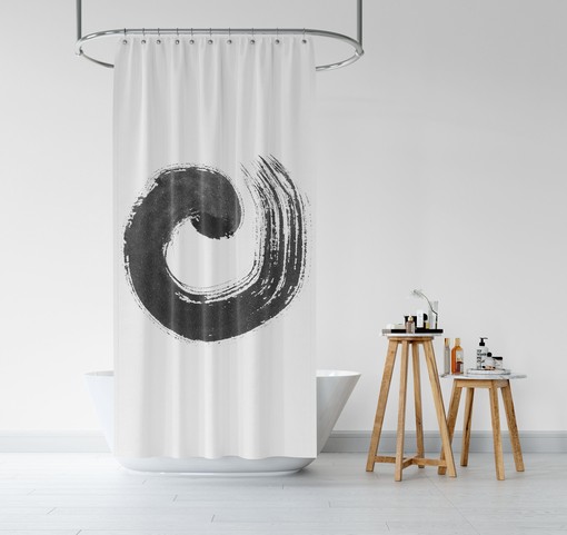 Enso Zen Circle Shower Curtain / Japanese Brushstroke Bath Curtain / Black on White Boho Eclectic Design - Image 3