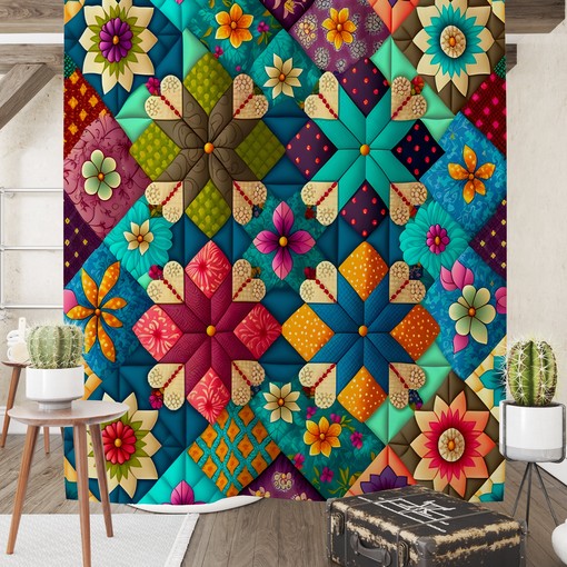 Ethereal Colorful Patchwork Shower Curtain Set - Add a Unique Quilt-like Touch to Your Bathroom