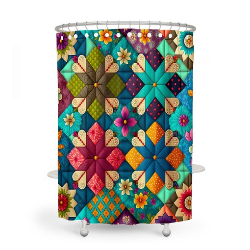 Ethereal Colorful Patchwork Shower Curtain Set - Add a Unique Quilt-like Touch to Your Bathroom - Image 2