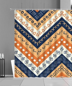 Ethnic Retro Orange Blue Fabric Shower Curtain, Colorful Bathroom Decor Accessories