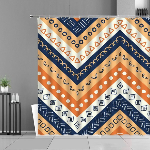 Ethnic Retro Orange Blue Fabric Shower Curtain, Colorful Bathroom Decor Accessories