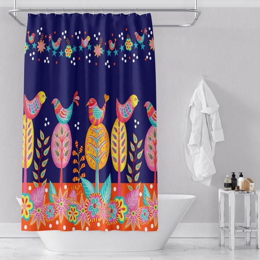 Exotic Bird Art Shower Curtain | Colorful Folk Art | Bathroom Decor | Customizable - Image 2