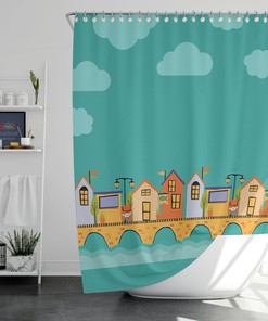 Experience the Beauty of Blue Village Stonebridge Shower Curtain, Colorful Houses by the River Fabric Bathroom Decor