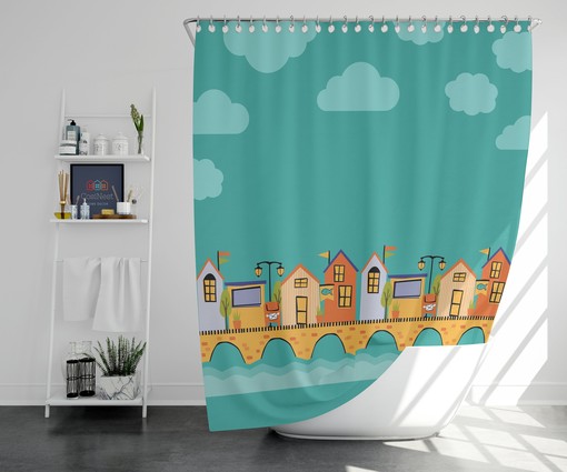 Experience the Beauty of Blue Village Stonebridge Shower Curtain, Colorful Houses by the River Fabric Bathroom Decor