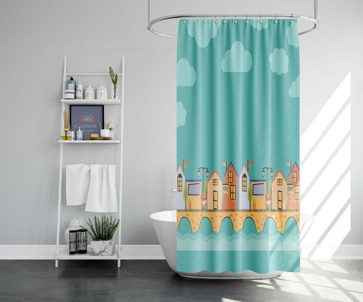 Experience the Beauty of Blue Village Stonebridge Shower Curtain, Colorful Houses by the River Fabric Bathroom Decor - Image 2