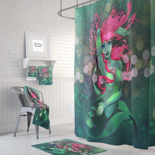 Fantasy Pink and Sea Green Mermaid Shower Curtain with Optional Bath Set | baby shower curtains