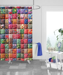 Faux Patchwork Boho Shower Curtain Set with Optional Towels and Mat for Unique Decor