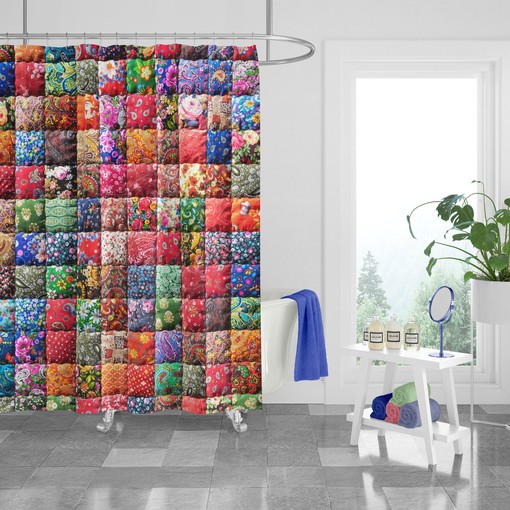 Faux Patchwork Boho Shower Curtain Set with Optional Towels and Mat for Unique Decor