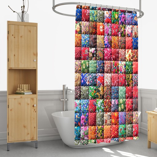 Faux Patchwork Boho Shower Curtain Set with Optional Towels and Mat for Unique Decor - Image 2