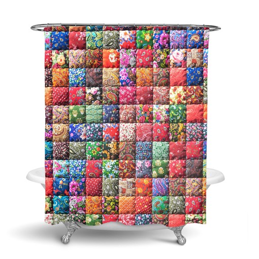 Faux Patchwork Boho Shower Curtain Set with Optional Towels and Mat for Unique Decor - Image 3