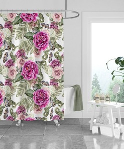 Feminine Butterfly Rose Floral Shower Curtain Set - Pretty Bath Set