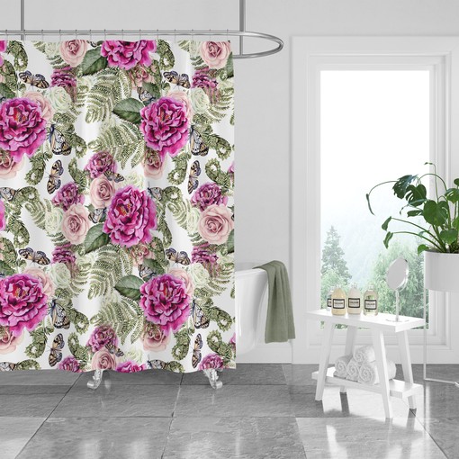Feminine Butterfly Rose Floral Shower Curtain Set - Pretty Bath Set