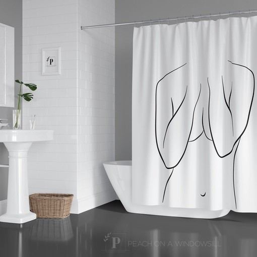 Feminine Line Art Shower Curtain with Nude Black and White Woman Bath Tub Curtain