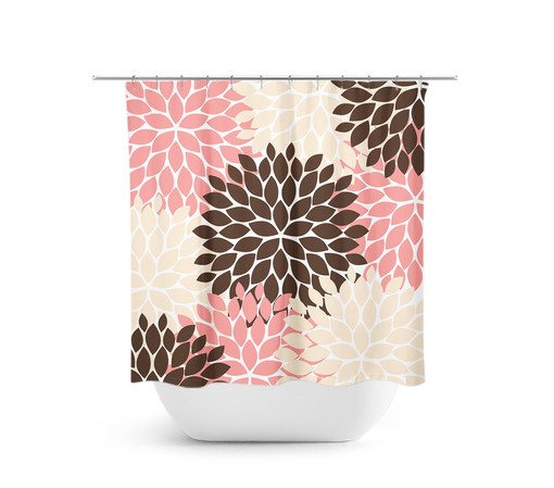 Feminine Pink Tan Floral Shower Curtain | Brown Pink Bath Decor for Girls Bathroom