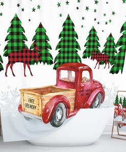 Festive Buffalo Plaid Red Truck with Tree Shower Curtain Set - Winter Bath Decor You'll Love