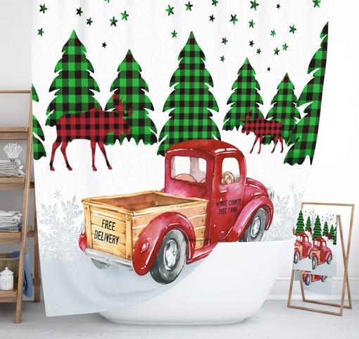 Festive Buffalo Plaid Red Truck with Tree Shower Curtain Set - Winter Bath Decor You'll Love