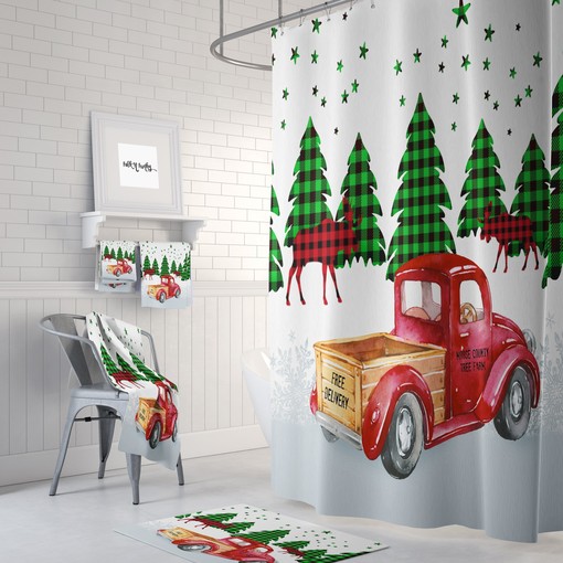 Festive Buffalo Plaid Red Truck with Tree Shower Curtain Set - Winter Bath Decor You'll Love - Image 2
