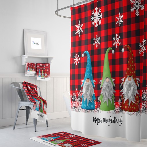 Festive Christmas Gnomes Buffalo Plaid Shower Curtain Set - Add Some Holiday Cheer to Your Bathroom Decor