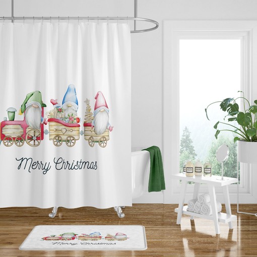 Festive Christmas Train Gnome Shower Curtain Set - Add Festive Charm to Your Bathroom