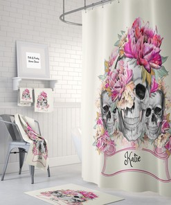 Festive Personalized Sugar Skull Shower Curtain Set - Unique Bath Set with Pink Floral Print and Optional Bath Set