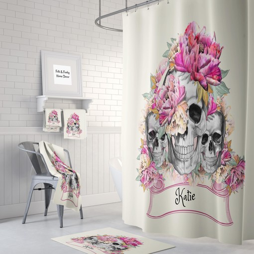 Festive Personalized Sugar Skull Shower Curtain Set - Unique Bath Set with Pink Floral Print and Optional Bath Set