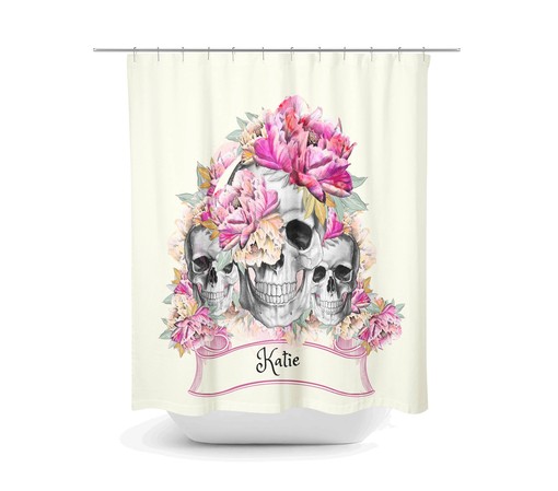 Festive Personalized Sugar Skull Shower Curtain Set - Unique Bath Set with Pink Floral Print and Optional Bath Set - Image 2