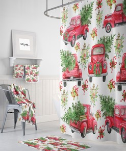 Festive Red Truck Christmas Shower Curtain Set for a Holiday Bathroom Style