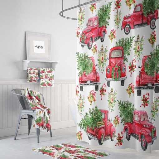 Festive Red Truck Christmas Shower Curtain Set for a Holiday Bathroom Style